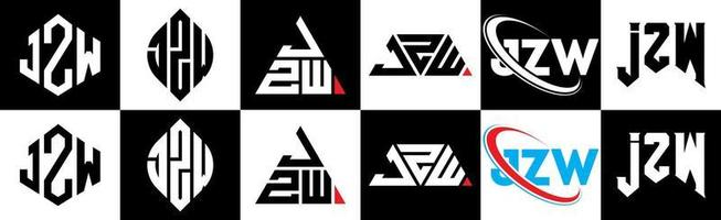 JZW letter logo design in six style. JZW polygon, circle, triangle, hexagon, flat and simple style with black and white color variation letter logo set in one artboard. JZW minimalist and classic logo vector