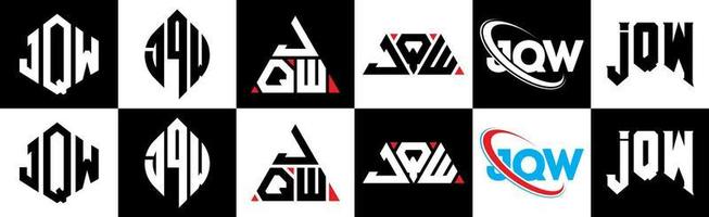 JQW letter logo design in six style. JQW polygon, circle, triangle, hexagon, flat and simple style with black and white color variation letter logo set in one artboard. JQW minimalist and classic logo vector