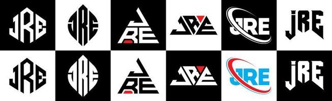 JRE letter logo design in six style. JRE polygon, circle, triangle, hexagon, flat and simple style with black and white color variation letter logo set in one artboard. JRE minimalist and classic logo vector