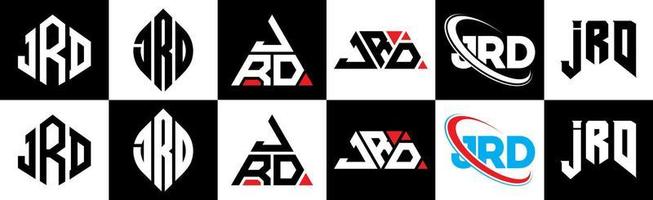 JRD letter logo design in six style. JRD polygon, circle, triangle, hexagon, flat and simple style with black and white color variation letter logo set in one artboard. JRD minimalist and classic logo vector