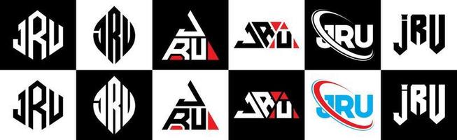 JRU letter logo design in six style. JRU polygon, circle, triangle, hexagon, flat and simple style with black and white color variation letter logo set in one artboard. JRU minimalist and classic logo vector