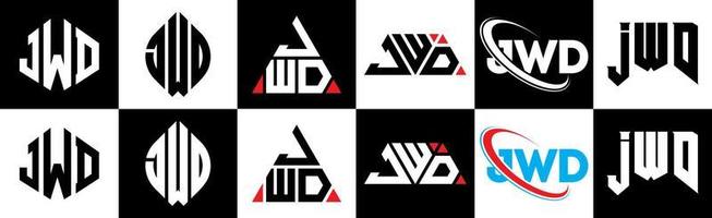JWD letter logo design in six style. JWD polygon, circle, triangle, hexagon, flat and simple style with black and white color variation letter logo set in one artboard. JWD minimalist and classic logo vector