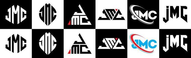 diseño de logotipo de letra jmc en seis estilos. jmc polígono, círculo, triángulo, hexágono, estilo plano y simple con logotipo de letra de variación de color blanco y negro en una mesa de trabajo. logotipo minimalista y clásico de jmc vector