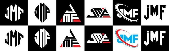 JMF letter logo design in six style. JMF polygon, circle, triangle, hexagon, flat and simple style with black and white color variation letter logo set in one artboard. JMF minimalist and classic logo vector