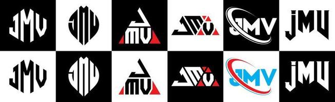JMV letter logo design in six style. JMV polygon, circle, triangle, hexagon, flat and simple style with black and white color variation letter logo set in one artboard. JMV minimalist and classic logo vector