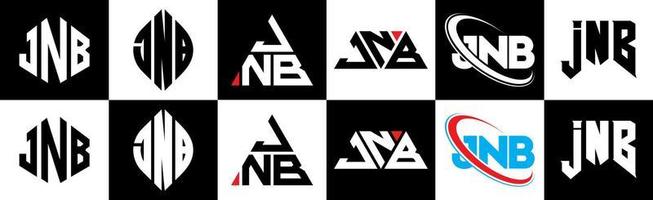 JNB letter logo design in six style. JNB polygon, circle, triangle, hexagon, flat and simple style with black and white color variation letter logo set in one artboard. JNB minimalist and classic logo vector
