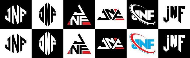 JNF letter logo design in six style. JNF polygon, circle, triangle, hexagon, flat and simple style with black and white color variation letter logo set in one artboard. JNF minimalist and classic logo vector