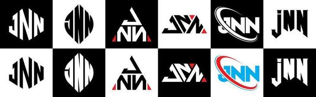 JNN letter logo design in six style. JNN polygon, circle, triangle, hexagon, flat and simple style with black and white color variation letter logo set in one artboard. JNN minimalist and classic logo vector