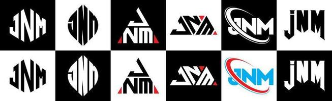 JNM letter logo design in six style. JNM polygon, circle, triangle, hexagon, flat and simple style with black and white color variation letter logo set in one artboard. JNM minimalist and classic logo vector