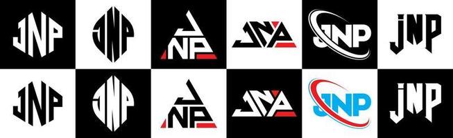 Diseño de logotipo de letra jnp en seis estilos. jnp polígono, círculo, triángulo, hexágono, estilo plano y simple con logotipo de letra de variación de color blanco y negro en una mesa de trabajo. logotipo minimalista y clásico de jnp vector