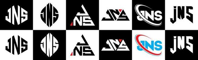 JNS letter logo design in six style. JNS polygon, circle, triangle, hexagon, flat and simple style with black and white color variation letter logo set in one artboard. JNS minimalist and classic logo vector