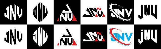 Diseño de logotipo de letra jnv en seis estilos. jnv polígono, círculo, triángulo, hexágono, estilo plano y simple con logotipo de letra de variación de color blanco y negro en una mesa de trabajo. jnv logotipo minimalista y clásico vector