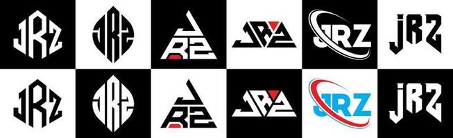 JRZ letter logo design in six style. JRZ polygon, circle, triangle, hexagon, flat and simple style with black and white color variation letter logo set in one artboard. JRZ minimalist and classic logo vector