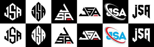 diseño de logotipo de letra jsa en seis estilos. jsa polígono, círculo, triángulo, hexágono, estilo plano y simple con logotipo de letra de variación de color blanco y negro en una mesa de trabajo. logotipo minimalista y clásico de jsa vector