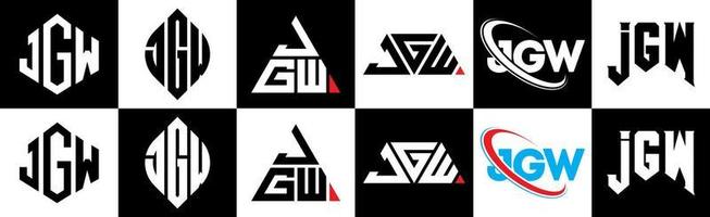 JGW letter logo design in six style. JGW polygon, circle, triangle, hexagon, flat and simple style with black and white color variation letter logo set in one artboard. JGW minimalist and classic logo vector