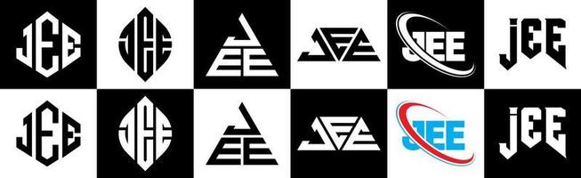 JEE letter logo design in six style. JEE polygon, circle, triangle, hexagon, flat and simple style with black and white color variation letter logo set in one artboard. JEE minimalist and classic logo vector