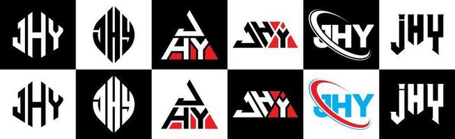 JHY letter logo design in six style. JHY polygon, circle, triangle, hexagon, flat and simple style with black and white color variation letter logo set in one artboard. JHY minimalist and classic logo vector