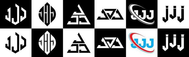 Diseño de logotipo de letra jjj en seis estilos. jjj polígono, círculo, triángulo, hexágono, estilo plano y simple con logotipo de letra de variación de color blanco y negro en una mesa de trabajo. jjj logotipo minimalista y clásico vector