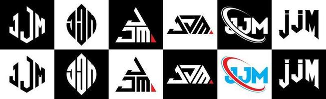 JJM letter logo design in six style. JJM polygon, circle, triangle, hexagon, flat and simple style with black and white color variation letter logo set in one artboard. JJM minimalist and classic logo vector