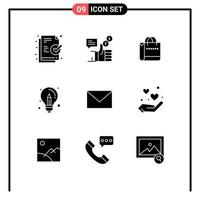 Mobile Interface Solid Glyph Set of 9 Pictograms of sms design bag creative bulb Editable Vector Design Elements