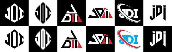 JDI letter logo design in six style. JDI polygon, circle, triangle, hexagon, flat and simple style with black and white color variation letter logo set in one artboard. JDI minimalist and classic logo vector