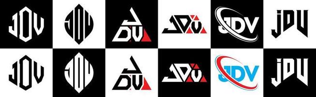 JDV letter logo design in six style. JDV polygon, circle, triangle, hexagon, flat and simple style with black and white color variation letter logo set in one artboard. JDV minimalist and classic logo vector