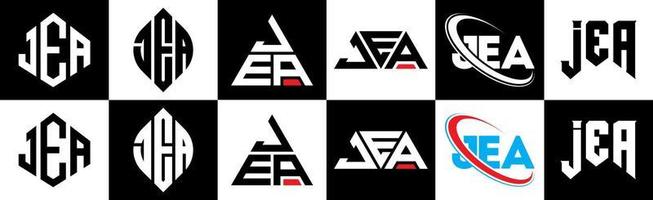 JEA letter logo design in six style. JEA polygon, circle, triangle, hexagon, flat and simple style with black and white color variation letter logo set in one artboard. JEA minimalist and classic logo vector