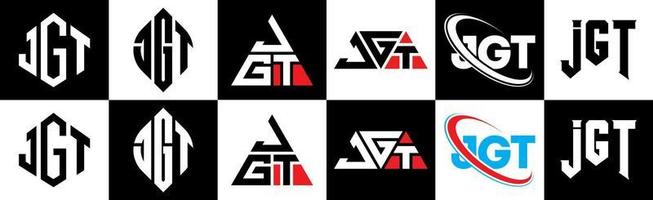 diseño de logotipo de letra jgt en seis estilos. jgt polígono, círculo, triángulo, hexágono, estilo plano y simple con logotipo de letra de variación de color blanco y negro en una mesa de trabajo. jgt logotipo minimalista y clásico vector