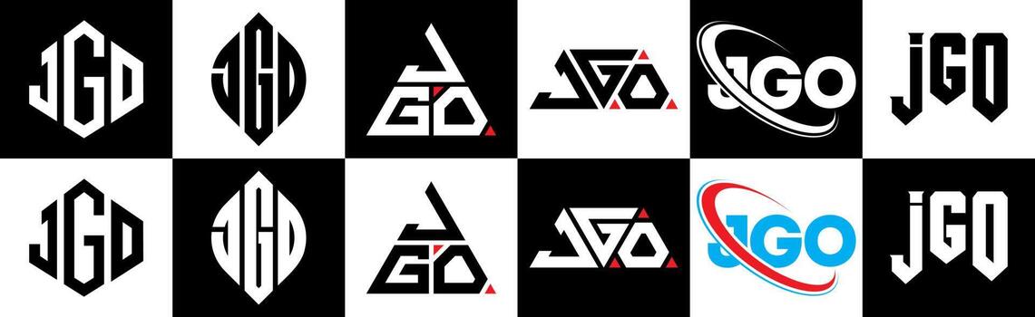JGO letter logo design in six style. JGO polygon, circle, triangle, hexagon, flat and simple style with black and white color variation letter logo set in one artboard. JGO minimalist and classic logo vector