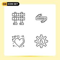 Mobile Interface Line Set of 4 Pictograms of barricade heart knife blade love Editable Vector Design Elements