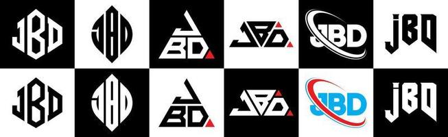 JBD letter logo design in six style. JBD polygon, circle, triangle, hexagon, flat and simple style with black and white color variation letter logo set in one artboard. JBD minimalist and classic logo vector