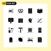 16 User Interface Solid Glyph Pack of modern Signs and Symbols of celebration warning shield error knowledge Editable Vector Design Elements