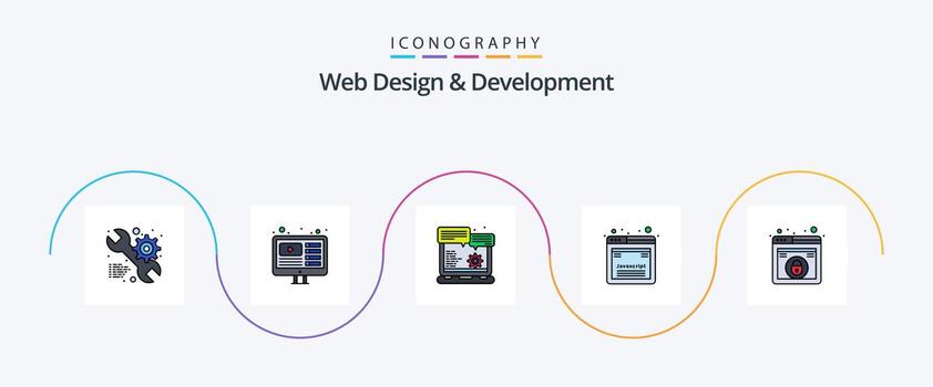 la línea de diseño y desarrollo web llenó el paquete de iconos planos 5 que incluye el diseño. javascript. navegador. desarrollo. vector