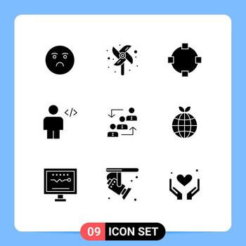 9 User Interface Solid Glyph Pack of modern Signs and Symbols of employee career path markup code Editable Vector Design Elements