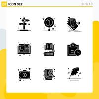 Pack of 9 Modern Solid Glyphs Signs and Symbols for Web Print Media such as magazine catalogue laboratory currency shopping Editable Vector Design Elements