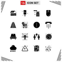 Group of 16 Solid Glyphs Signs and Symbols for checkout landmark rainy chichen itza electronic Editable Vector Design Elements