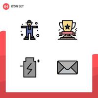 Filledline Flat Color Pack of 4 Universal Symbols of character battery scarecrow win ecology Editable Vector Design Elements
