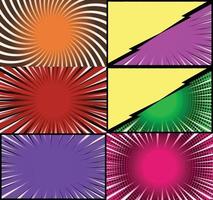 Comic book colorful frames background with halftone rays radial and dotted effects pop art style vector