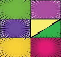 Comic book colorful frames background with halftone rays radial and dotted effects pop art style vector