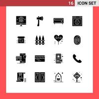 Set of 16 Vector Solid Glyphs on Grid for website emotion axe tool browser media Editable Vector Design Elements