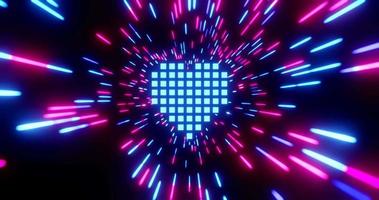 Abstract neon light streaks background with heart dot strip. Neon light wave and lines move in space. Futuristic background. Neon space. 3D 4K loop animation video