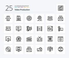 Video Production 25 Line icon pack including news target. focus board. sd card. aim board. camera lenses