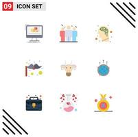 9 User Interface Flat Color Pack of modern Signs and Symbols of bull adornment corporate moustache carnival Editable Vector Design Elements