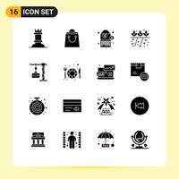 Pack of 16 Modern Solid Glyphs Signs and Symbols for Web Print Media such as food delivery tag crane plant Editable Vector Design Elements