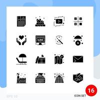 conjunto de 16 glifos sólidos vectoriales en cuadrícula para prioridades de producción gestión de publicidad reproducir elementos de diseño vectorial editables vector