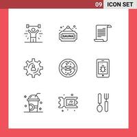 Pack of 9 Modern Outlines Signs and Symbols for Web Print Media such as productivity person tag gear usa Editable Vector Design Elements