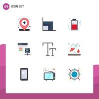 Mobile Interface Flat Color Set of 9 Pictograms of text big battery web network server Editable Vector Design Elements
