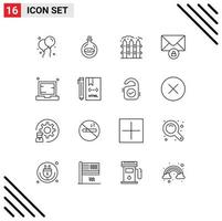 Mobile Interface Outline Set of 16 Pictograms of laptop device farming computer message Editable Vector Design Elements