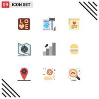 Group of 9 Flat Colors Signs and Symbols for navigation map secure explore heart Editable Vector Design Elements
