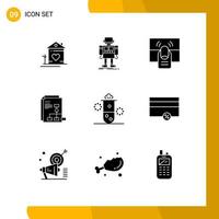 Set of 9 Commercial Solid Glyphs pack for invoice presentation robotic touch hand Editable Vector Design Elements